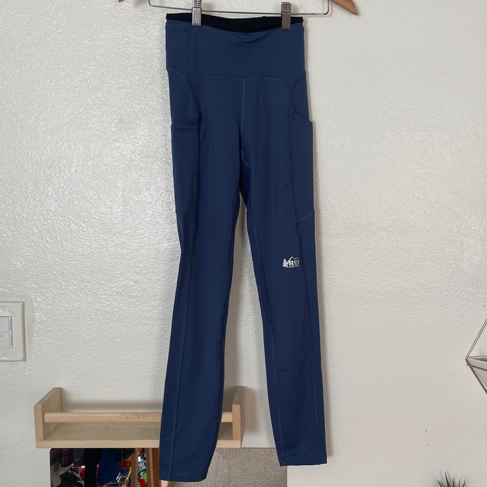 REI Co-op Womens High Waisted Active Leggings Slate Blue Side Pockets XS